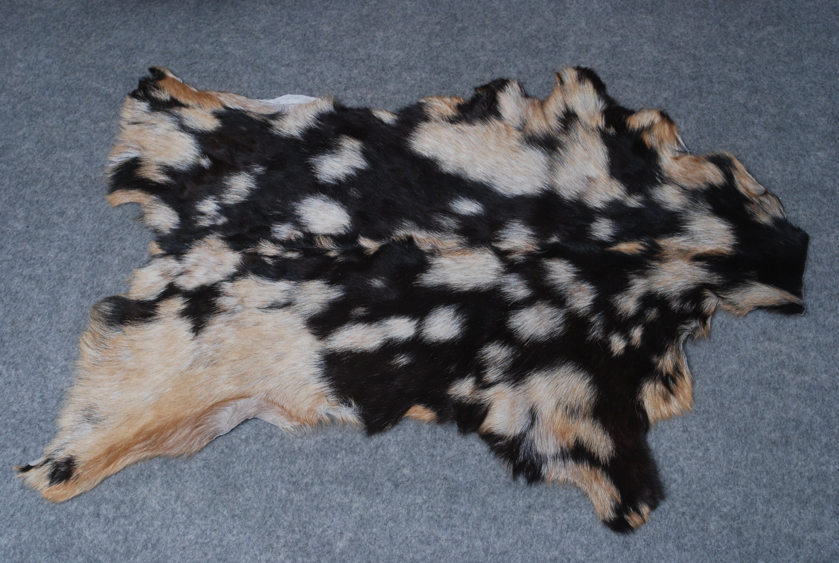 Handcrafted Tri-Color Goat Skin Rug - Soft and Durable for Elegant Interiors