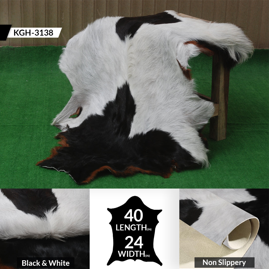 Handcrafted Black and White Goat Skin Rug - Soft and Durable Hair-On Leather