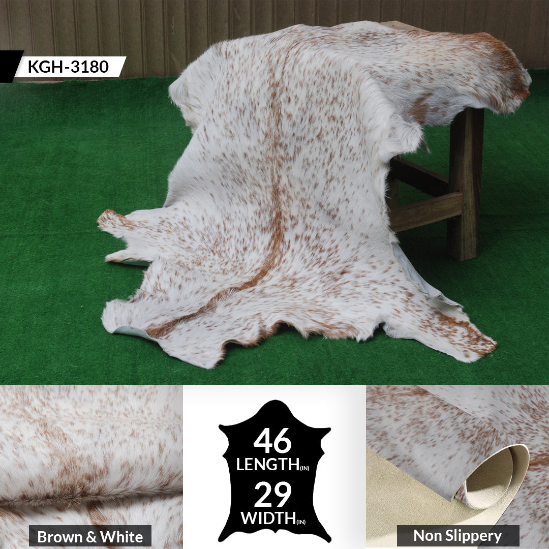 Rustic Brown and White Goat Skin Rug - Unique Pattern for Modern and Classic Décor