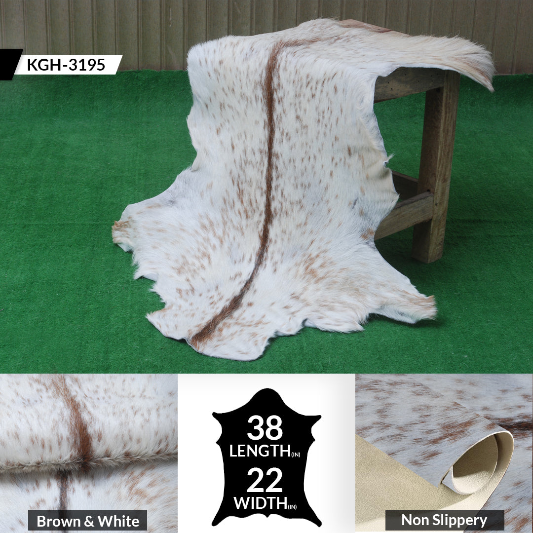 Handcrafted Brown and White Goat Skin Rug - Soft, Durable, and Elegant Décor