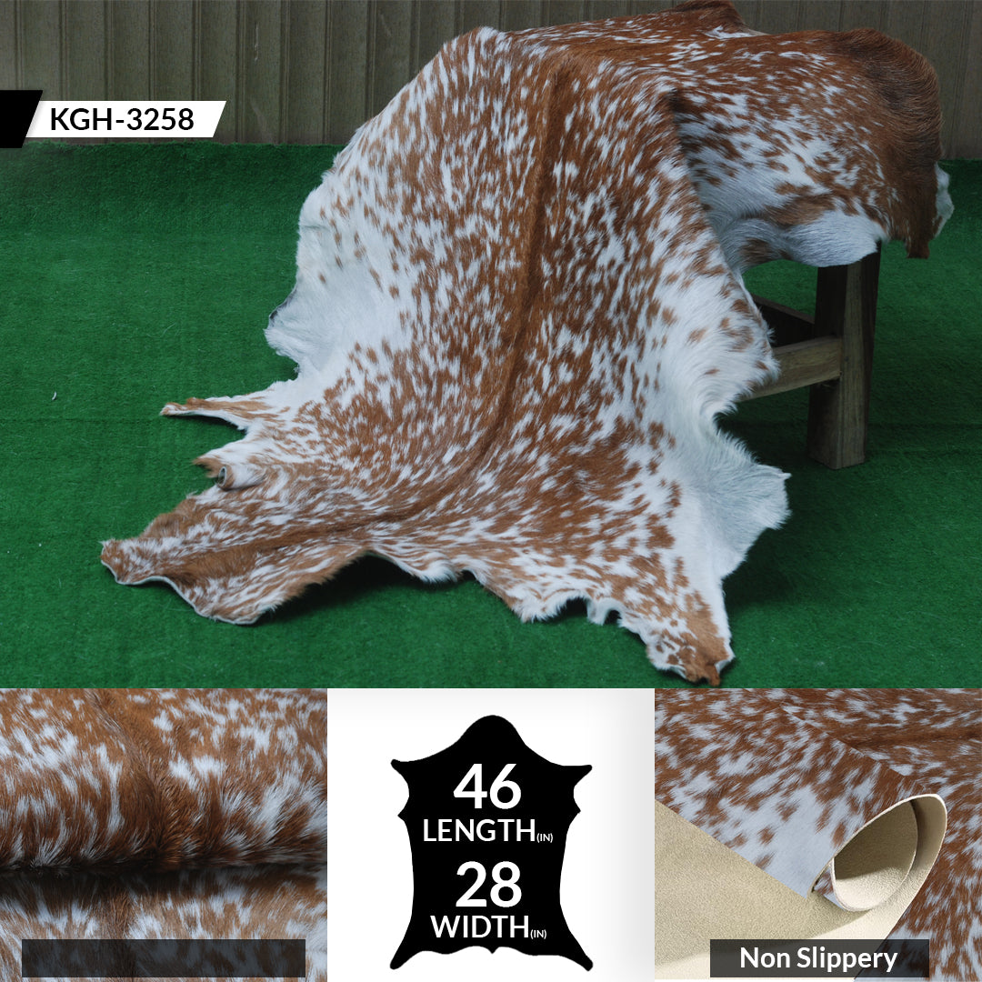 Handcrafted Brown and White Goat Skin Rug - Soft, Durable, and Elegant Décor