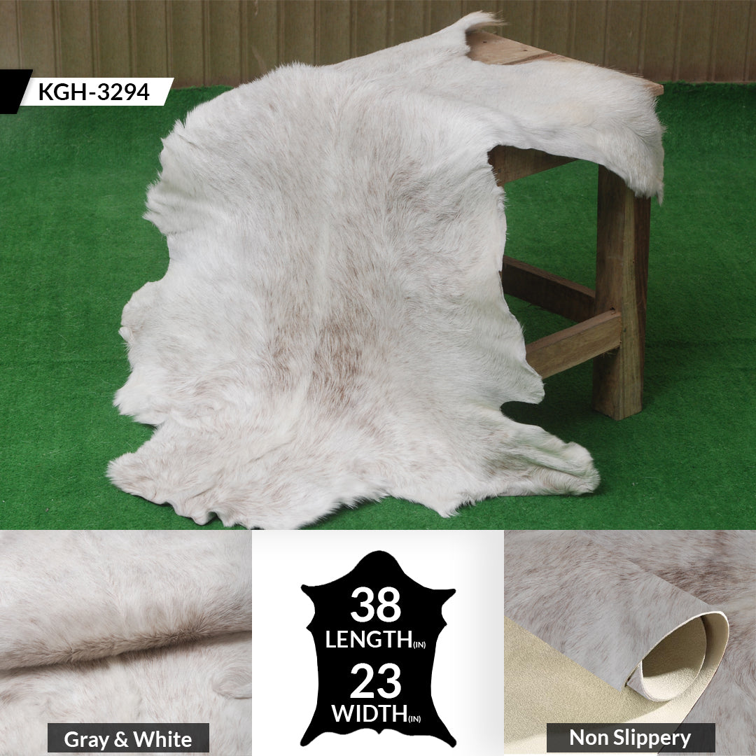 Luxurious Grey and White Natural Goat Skin Rug for Tranquil Wall Decor - Celestial Leather Limited