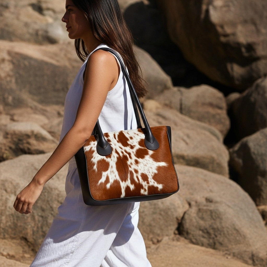 Brown And White Cowhide Shoulder Bag - Handmade Hair on Leather Tote with Natural Animal Print - Fashionable, Spacious, and Easy to Clean