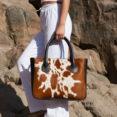 Brown And White Cowhide Shoulder Bag - Handmade Hair on Leather Tote with Natural Animal Print - Fashionable, Spacious, and Easy to Clean