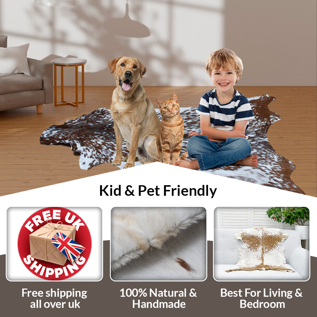 Luxury Brown and White Goat Hide Rug | Premium Hair-On Skin | Non-Slip Suede Back | Sustainable & Eco-Friendly | Handcrafted Elegance