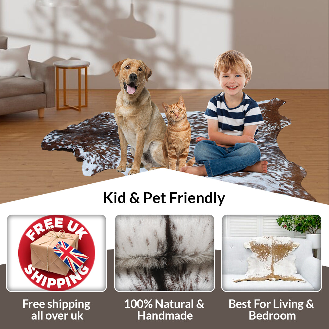 Luxurious Brown and White Goatskin Rug for Modern Home Décor - Hypoallergenic, Non-Shedding, Sustainable, Unique Hair-on Leather Rug - Celestial Leather Limited