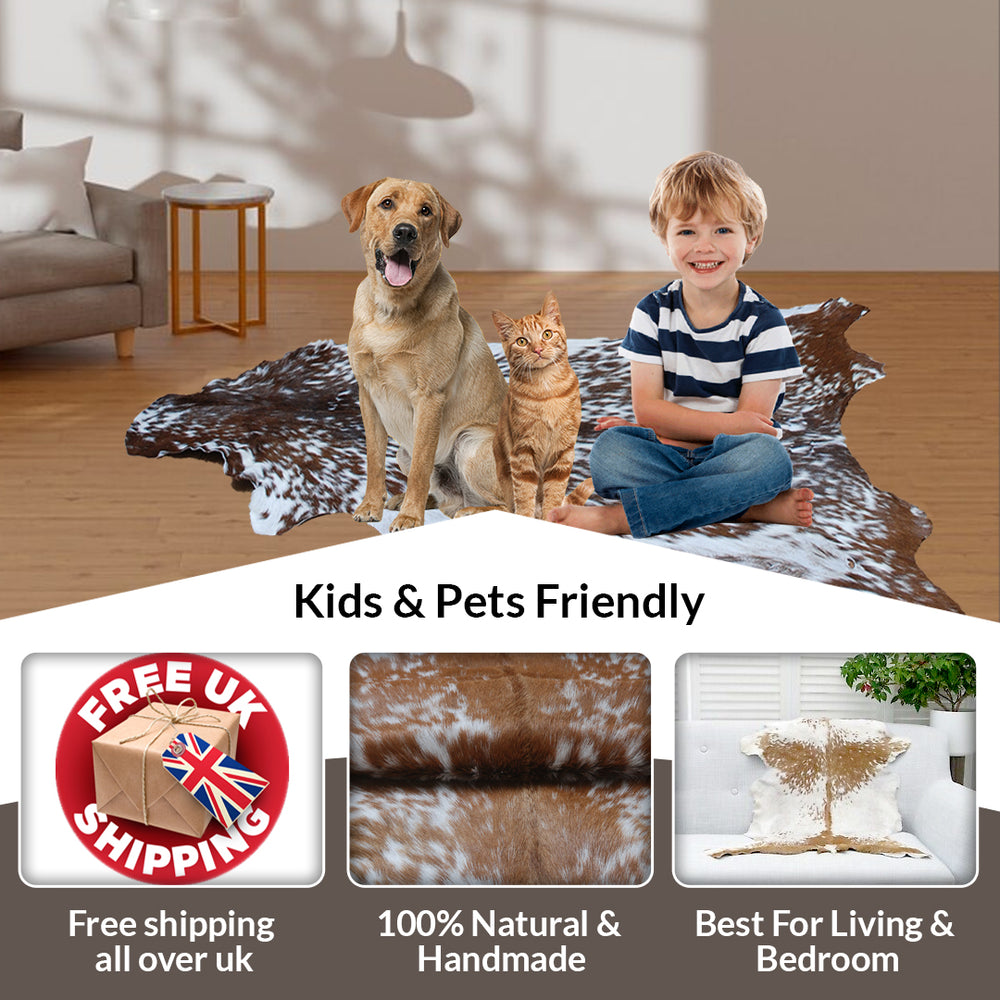 Luxury Brown and White Goat Hide Rug - Handpicked Premium Natural Goat Skin Rug with Unique Patterns and Non-Slip Suede Back - Celestial Leather Limited