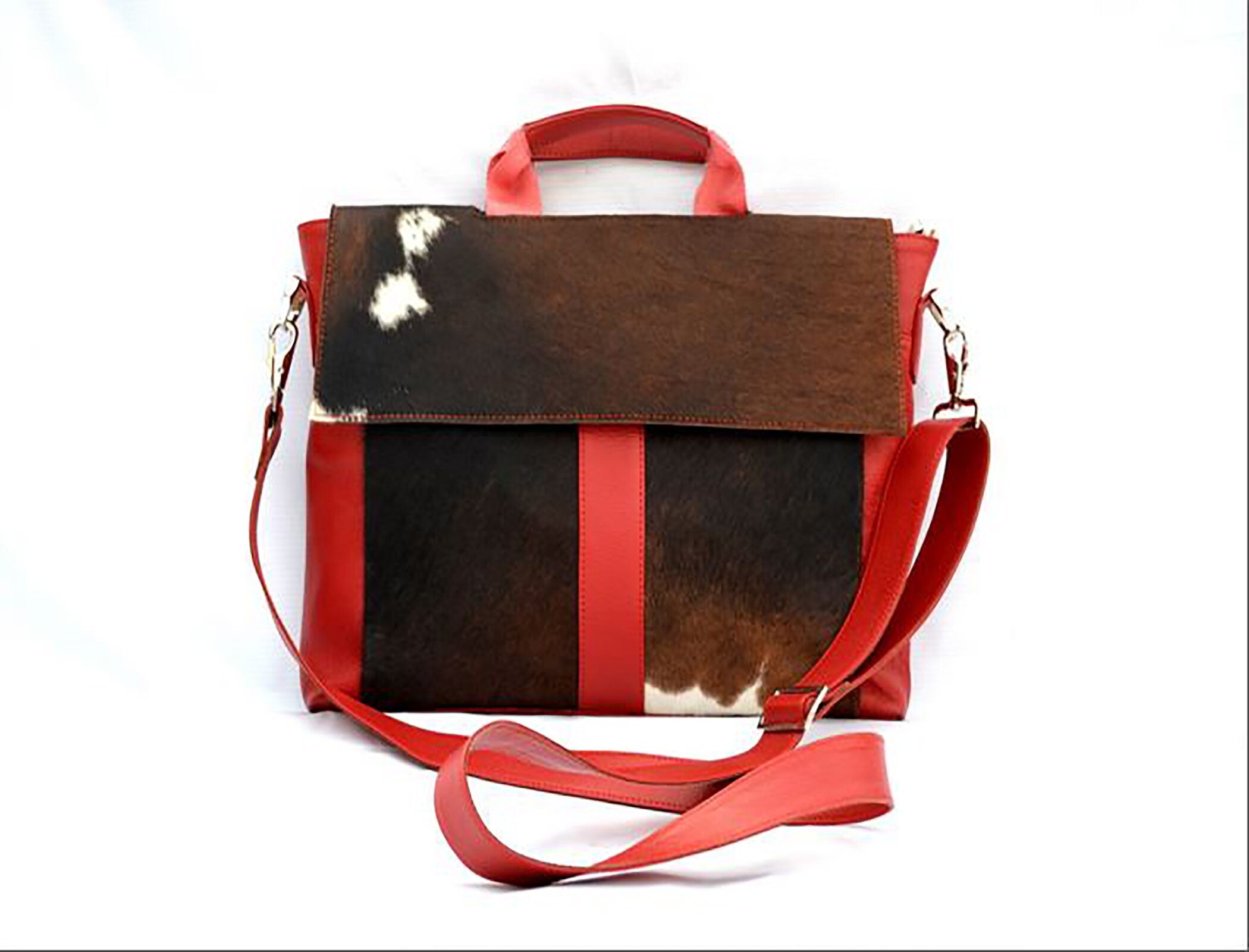 Elegant Natural Cow Hide & Hair On Laptop Bag Briefcase Business Animal Print Portfolio Unisex Messenger Bag - Red Black White