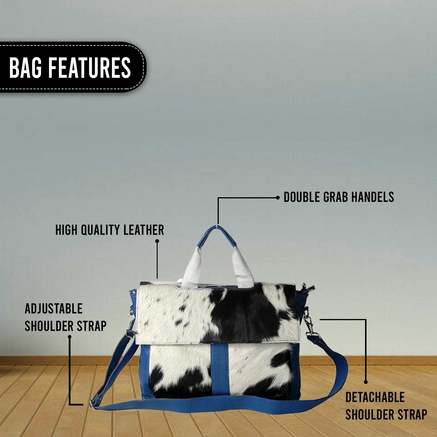 Stylish Cowhide Leather Laptop Bag with Blue Straps & Natural Hairs – Eco-Friendly - Functional Messenger Bag for Ladies