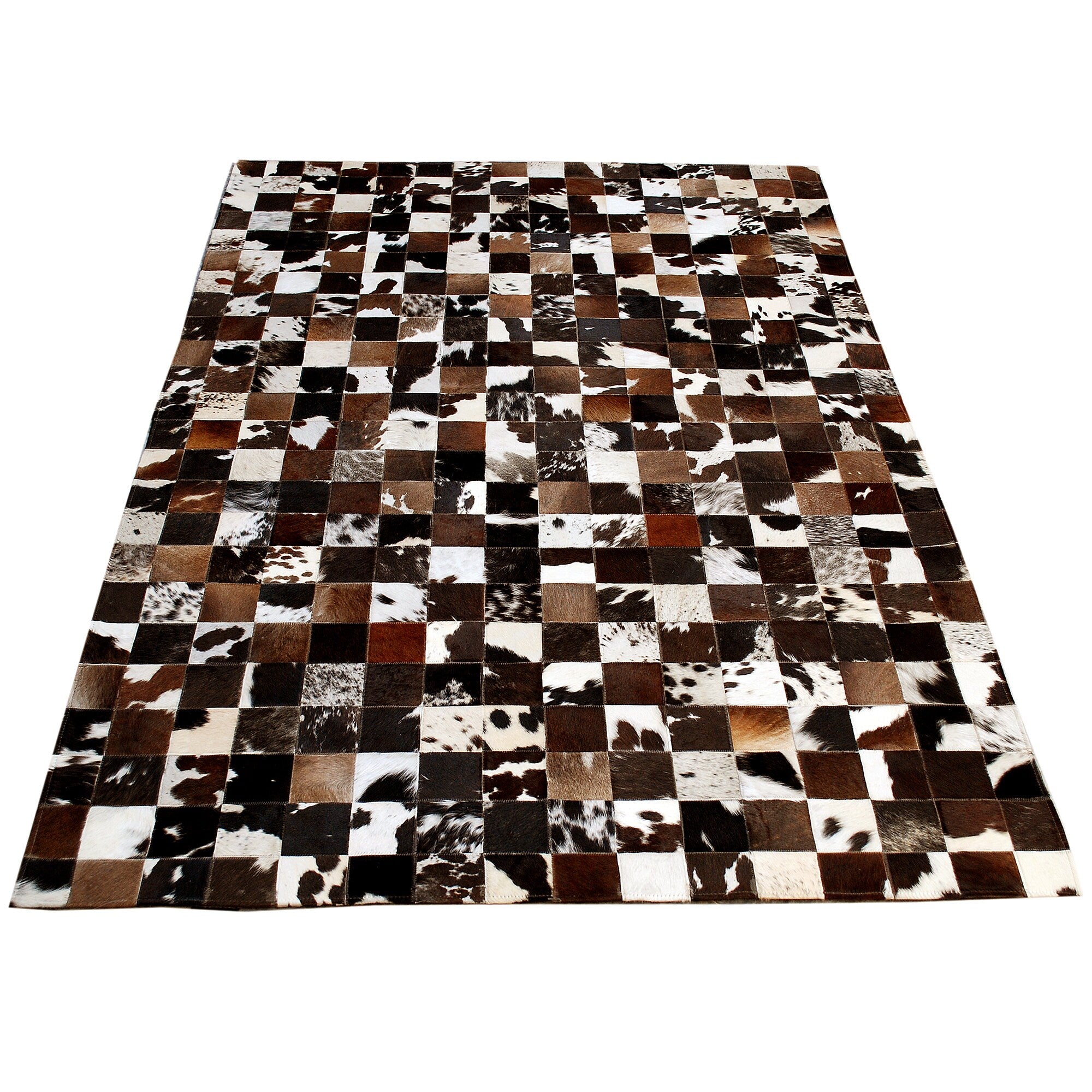 Luxurious Handmade Cowhide Patchwork Rug for Unique Home Decor - Functional & Stylish Genuine Leather Area Rug with Zig Zag Stitching