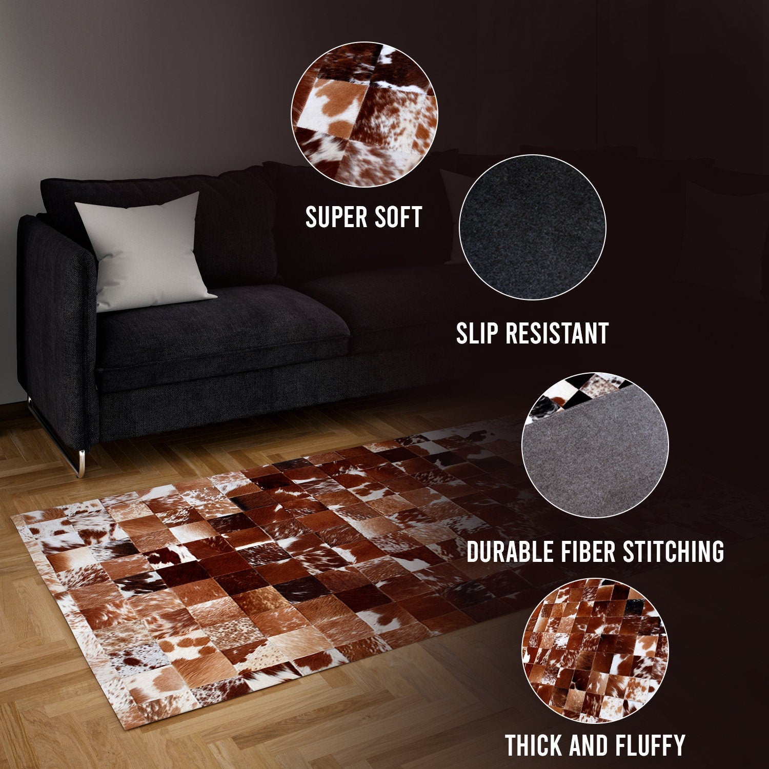 Luxurious Handmade Cowhide Patchwork Rug with Zig Zag Stitching - Unique & Practical Home Décor Accent with 100% Natural Cowhide Leather