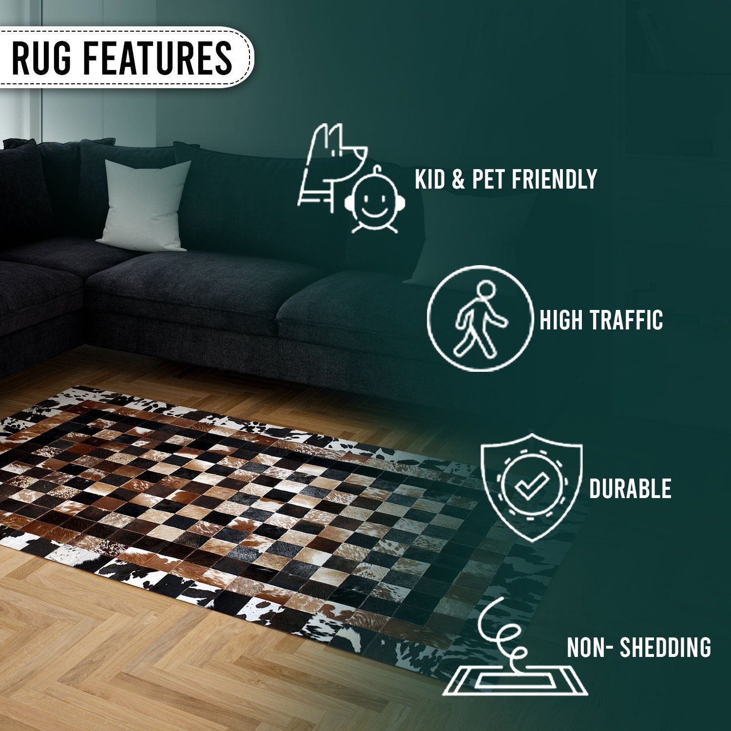 Luxurious Handmade Cowhide Patchwork Rug with Unique Design - Genuine Leather Area Rug for Home Décor & More