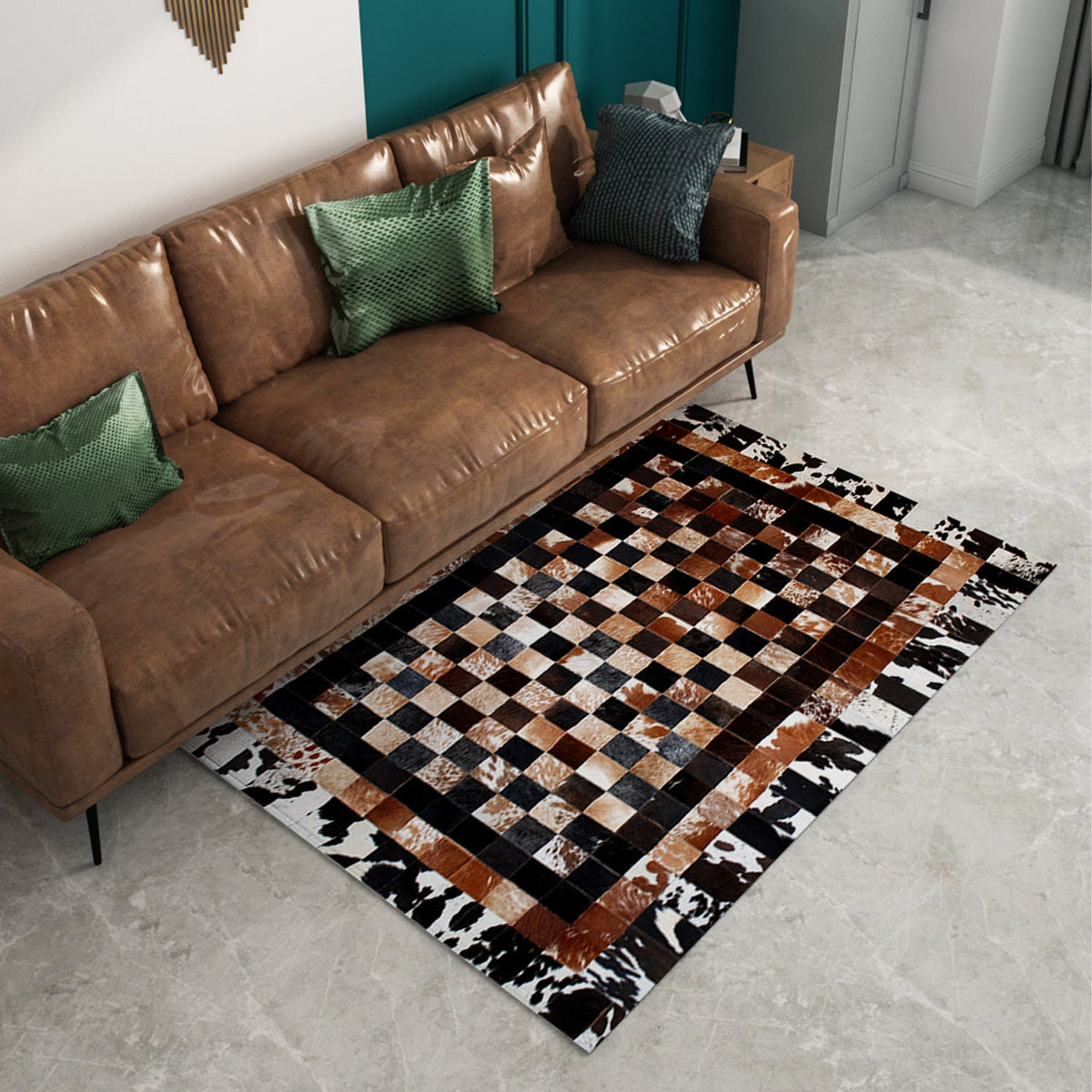Luxurious Handmade Cowhide Patchwork Rug with Unique Design - Genuine Leather Area Rug for Home Décor & More