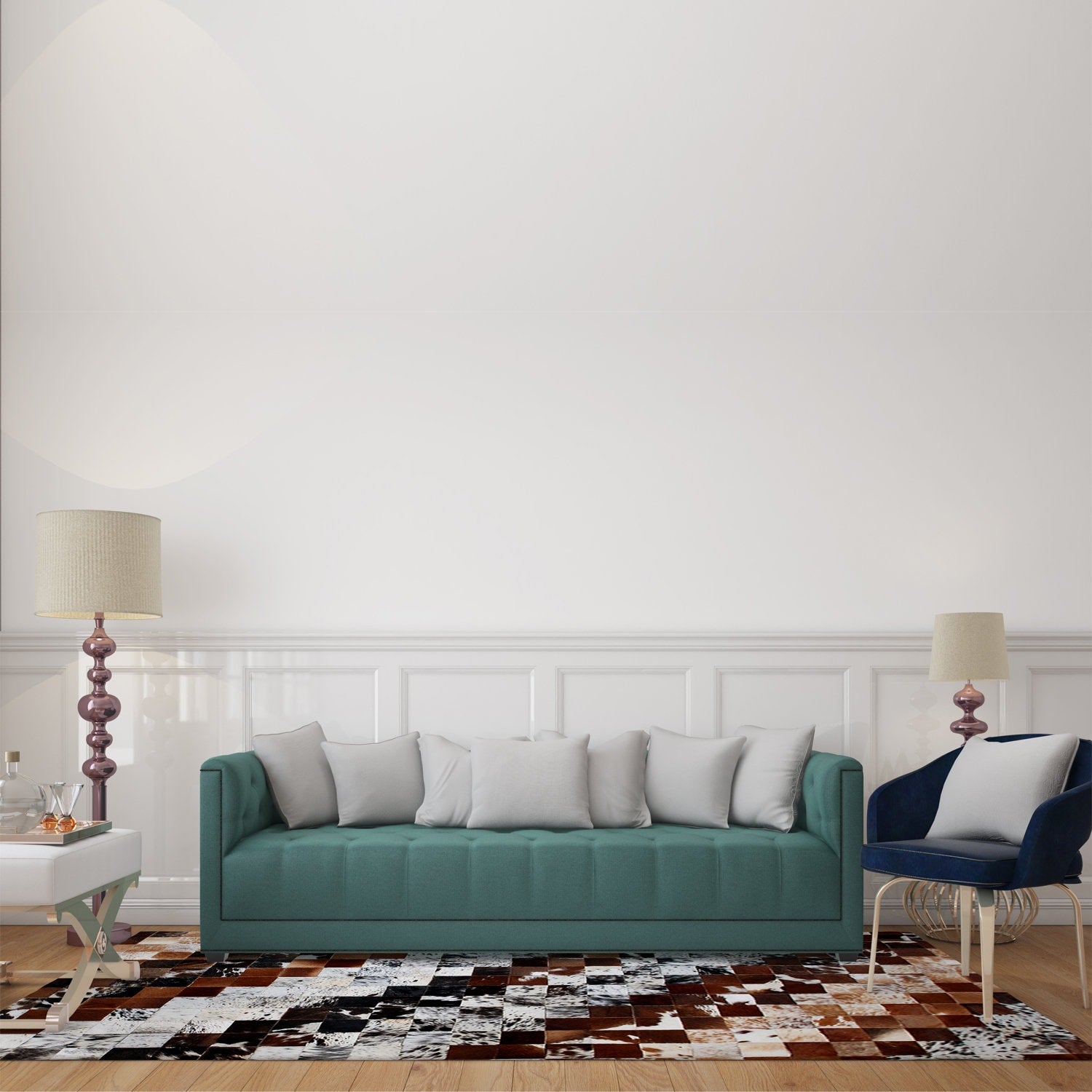 Unique Handmade Cowhide Patchwork Area Rug - Luxurious Leather Home Décor Accent - Zig Zag Stitching - Custom Sizes Available