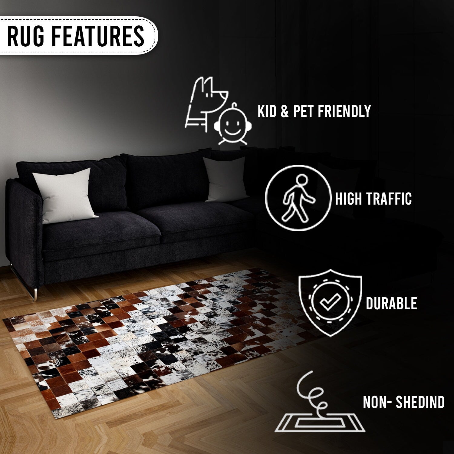 Unique Handmade Cowhide Patchwork Area Rug - Luxurious Leather Home Décor Accent - Zig Zag Stitching - Custom Sizes Available