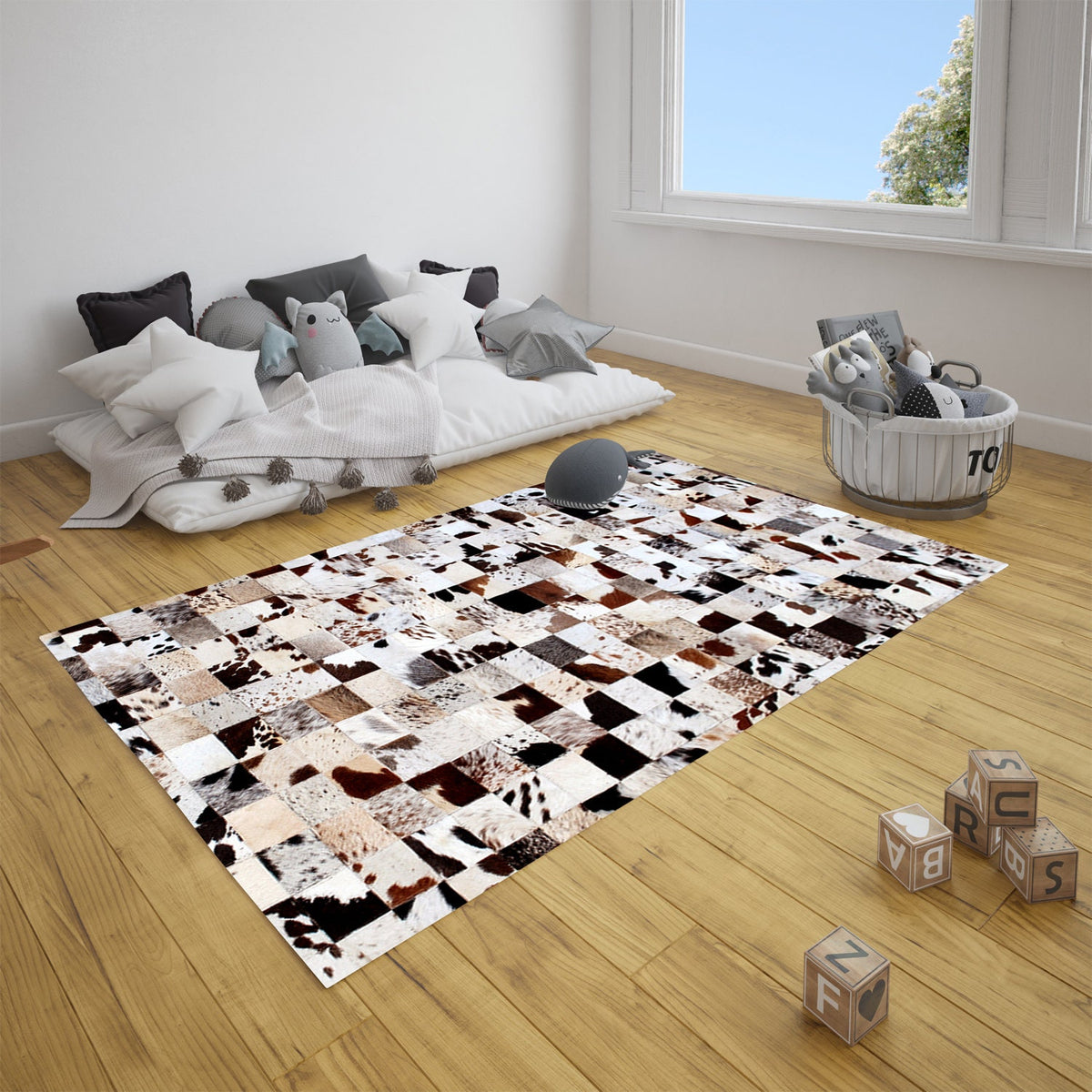 Luxurious Handmade Leather Cowhide Patchwork Rug - Unique Home Décor Accent with Zig Zag Stitching - Natural Cow Skin Area Rug