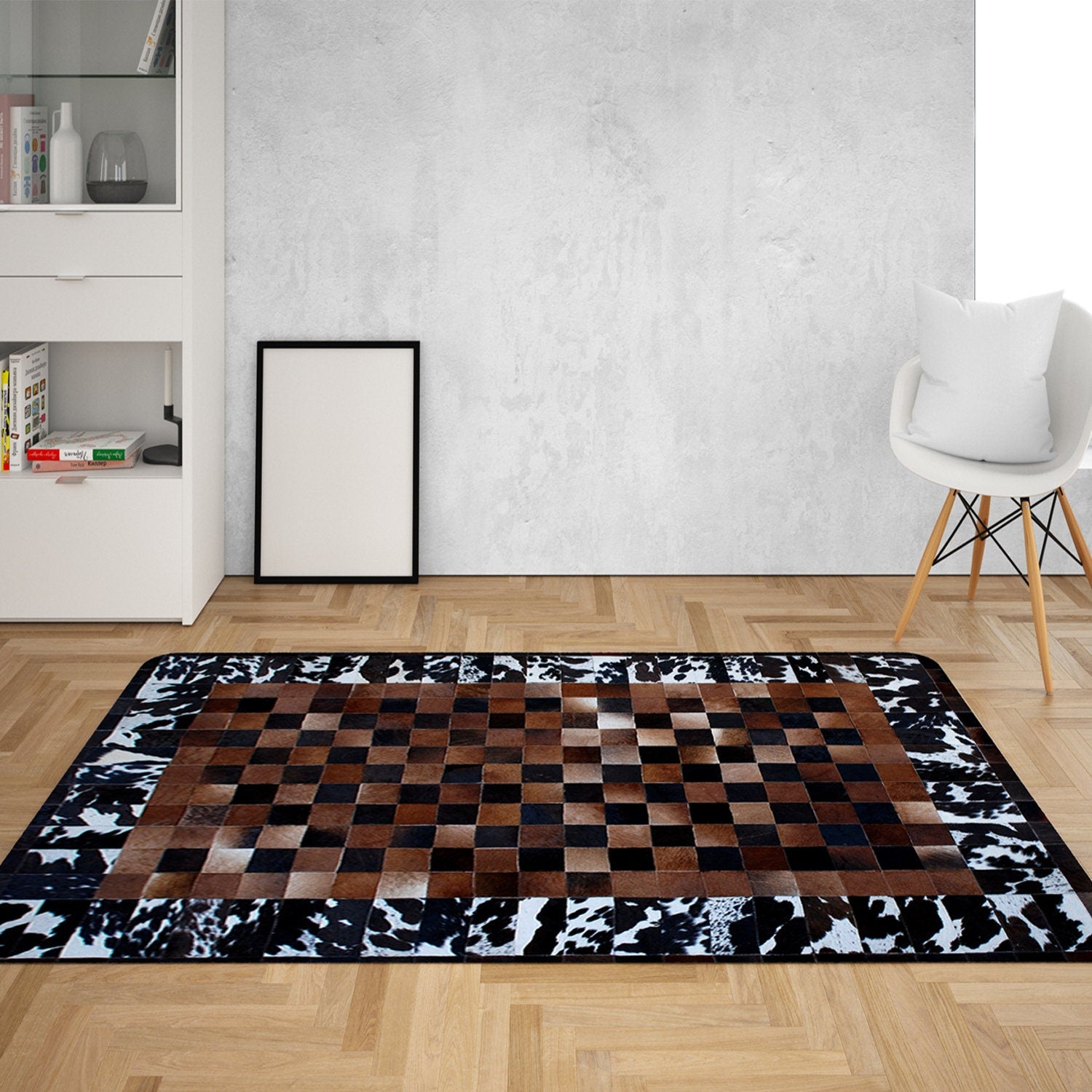 Luxurious Handmade Cowhide Patchwork Rug with Genuine Leather Finish - Unique & Practical Home Décor Accent - Customizable Designs