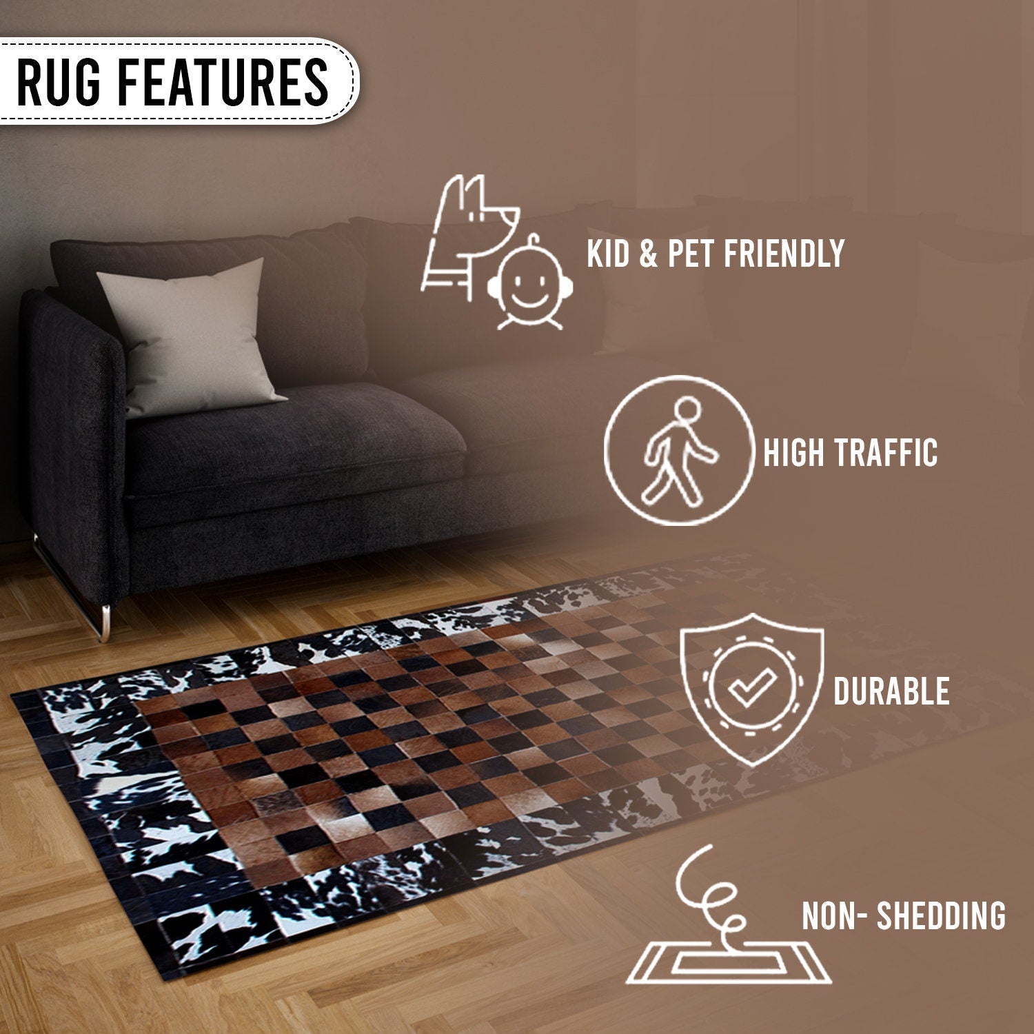 Luxurious Handmade Cowhide Patchwork Rug with Genuine Leather Finish - Unique & Practical Home Décor Accent - Customizable Designs