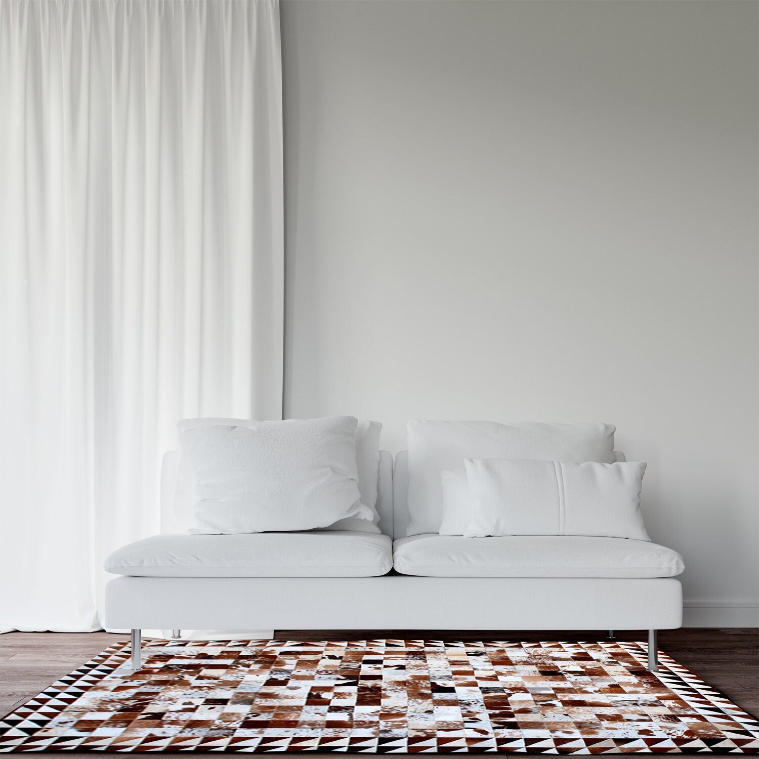 Luxurious Handmade Cowhide Patchwork Rug with Zig Zag Stitching - Unique & Functional Home Decor Accent