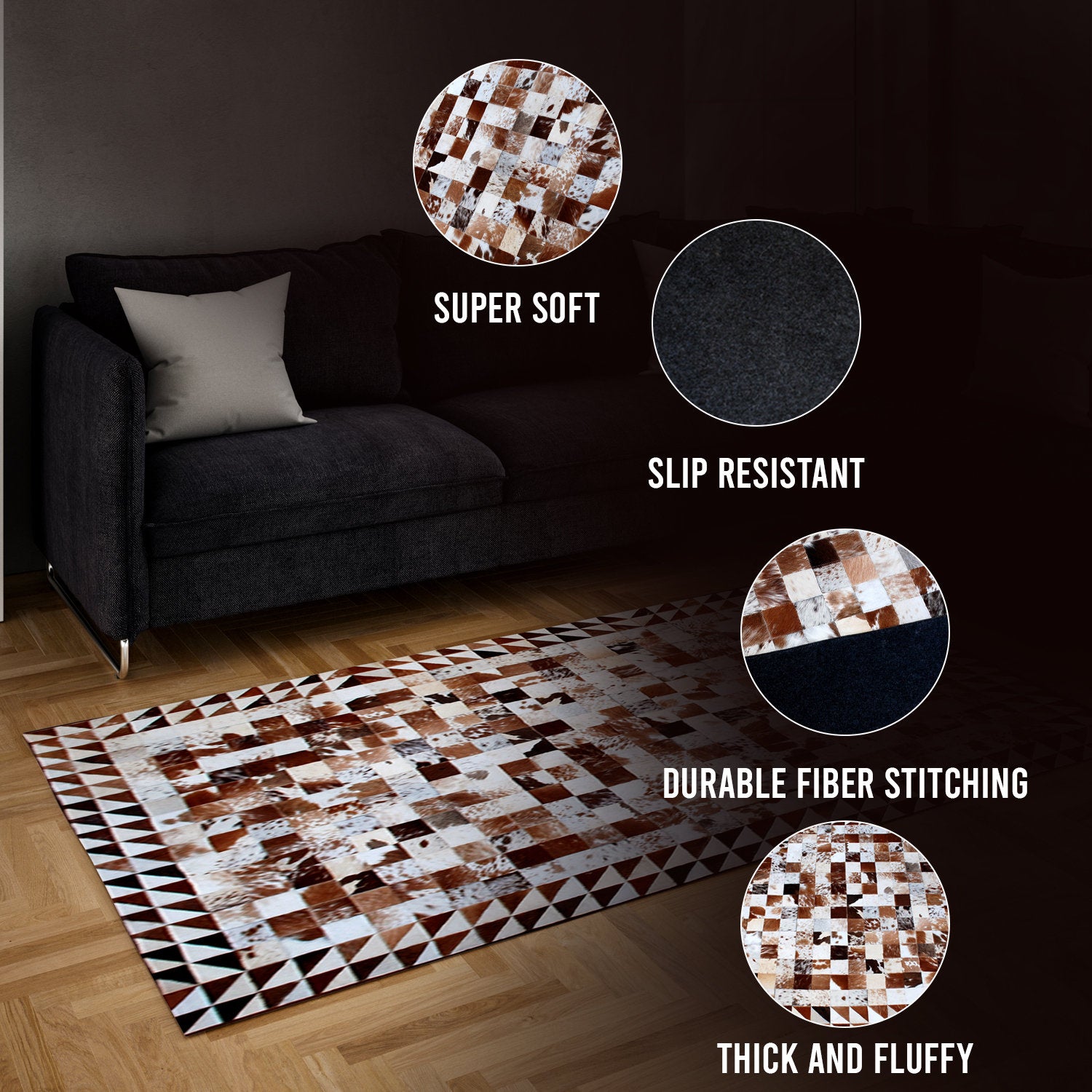 Luxurious Handmade Cowhide Patchwork Rug with Zig Zag Stitching - Unique & Functional Home Decor Accent