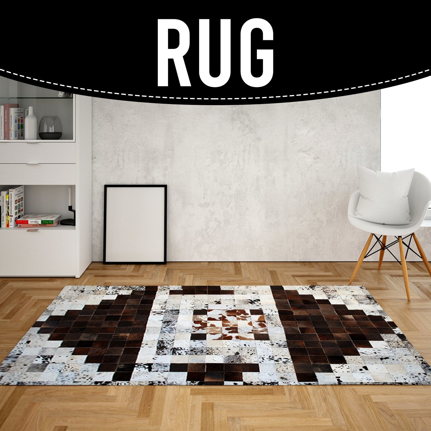 Luxurious Handmade Cowhide Patchwork Rug - Unique Natural Leather Décor Accent with Zig Zag Stitching