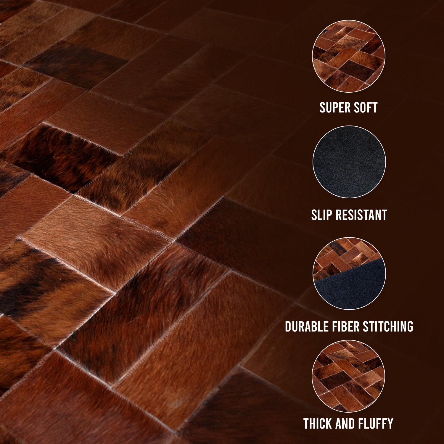 Handcrafted Cowhide Patchwork Rug with Zig Zag Stitching - Unique & Luxurious Home Decor Accent - Custom Sizes Available