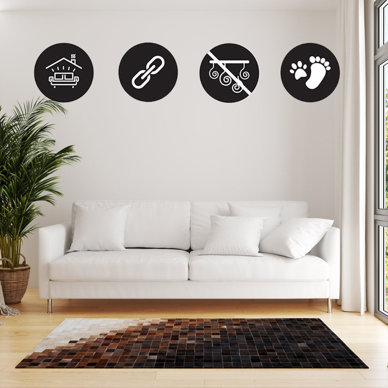 Luxurious Handmade Cowhide Patchwork Rug - Unique Natural Leather Home Decor Piece with Zig Zag Stitching & Lined Detail