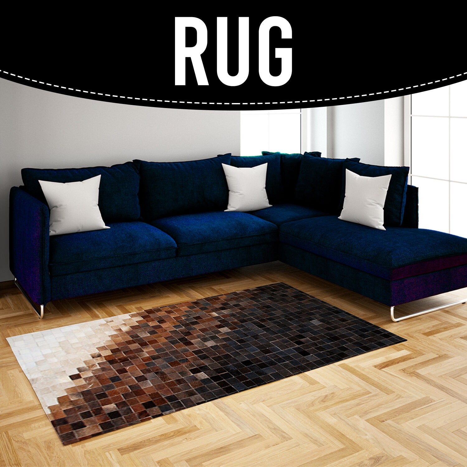 Luxurious Handmade Cowhide Patchwork Rug - Unique Natural Leather Home Decor Piece with Zig Zag Stitching & Lined Detail