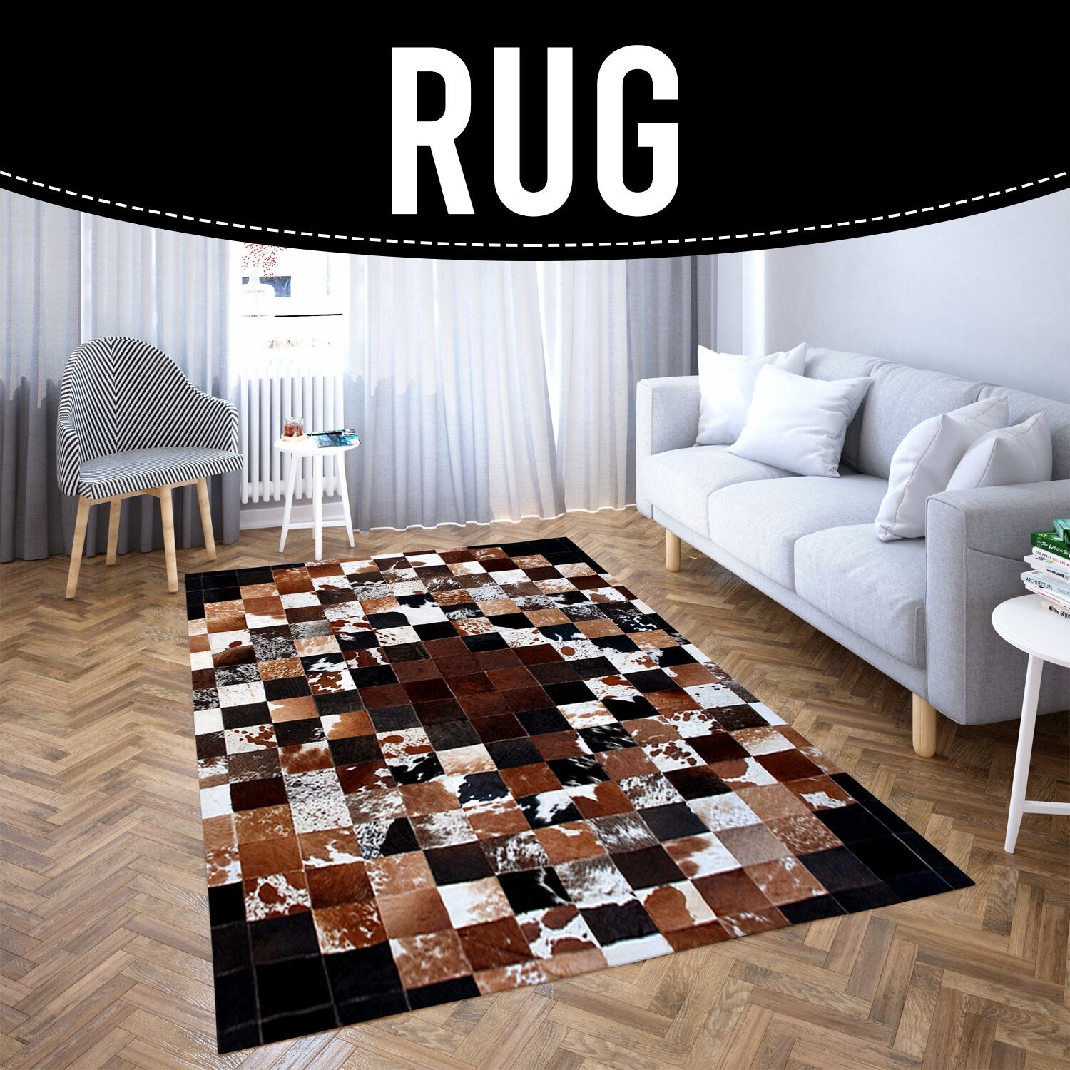Luxurious Handmade Cowhide Patchwork Rug - Unique Natural Leather Home Décor Accent with Zig Zag Stitching