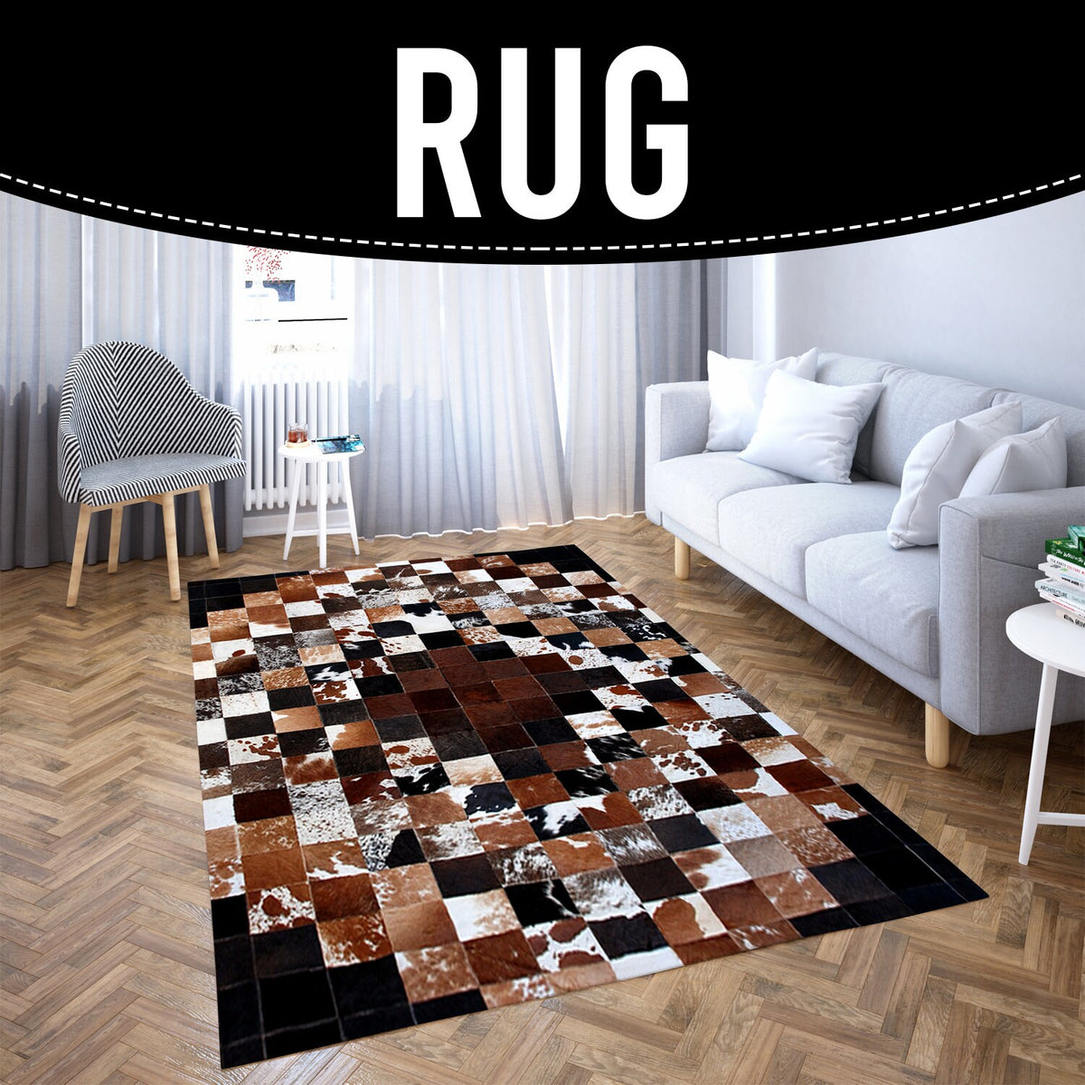 Luxurious Handmade Cowhide Patchwork Rug - Unique Natural Leather Home Décor Accent with Zig Zag Stitching