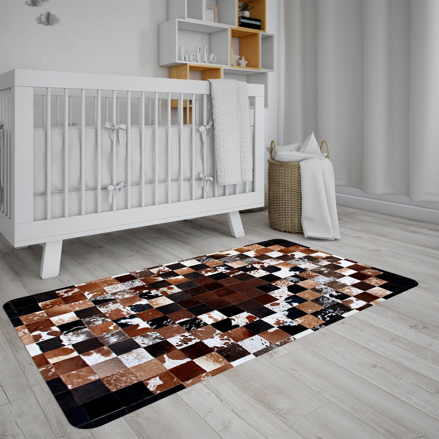 Luxurious Handmade Cowhide Patchwork Rug - Unique Natural Leather Home Décor Accent with Zig Zag Stitching