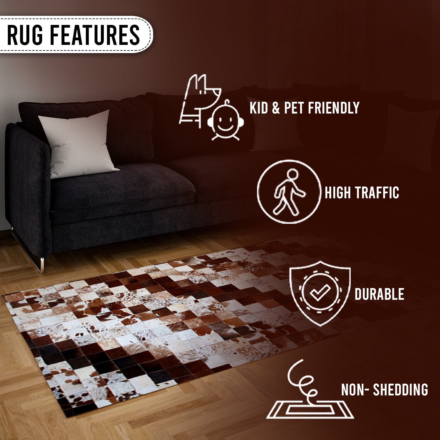 Luxurious Handmade Cowhide Patchwork Rug - Unique Home Décor Accent with Genuine Leather for Living Room or Bedroom - Custom Sizes