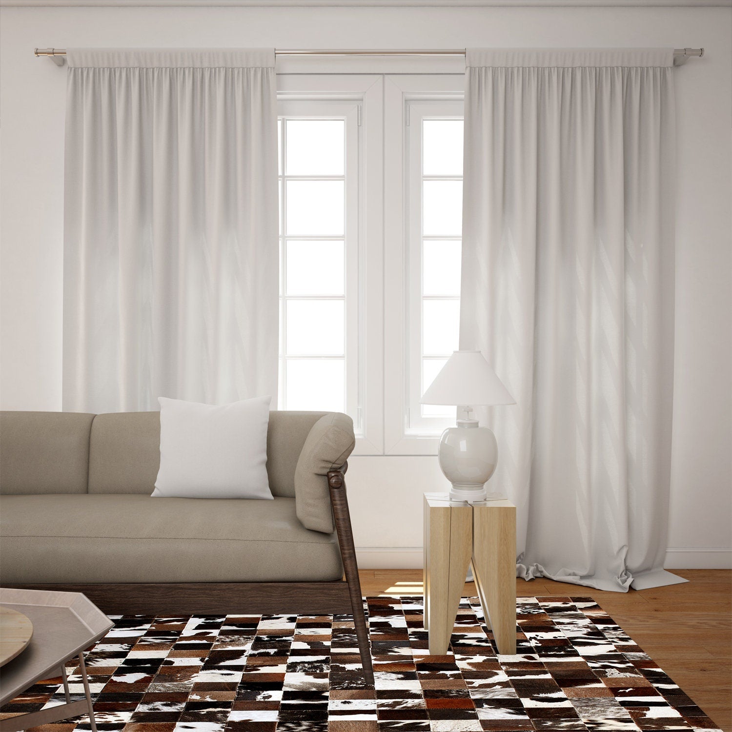 Luxurious Handmade Natural Cowhide Patchwork Rug for Home Décor - Unique & Practical Area Rug with Zig Zag Stitching and Natural Leather