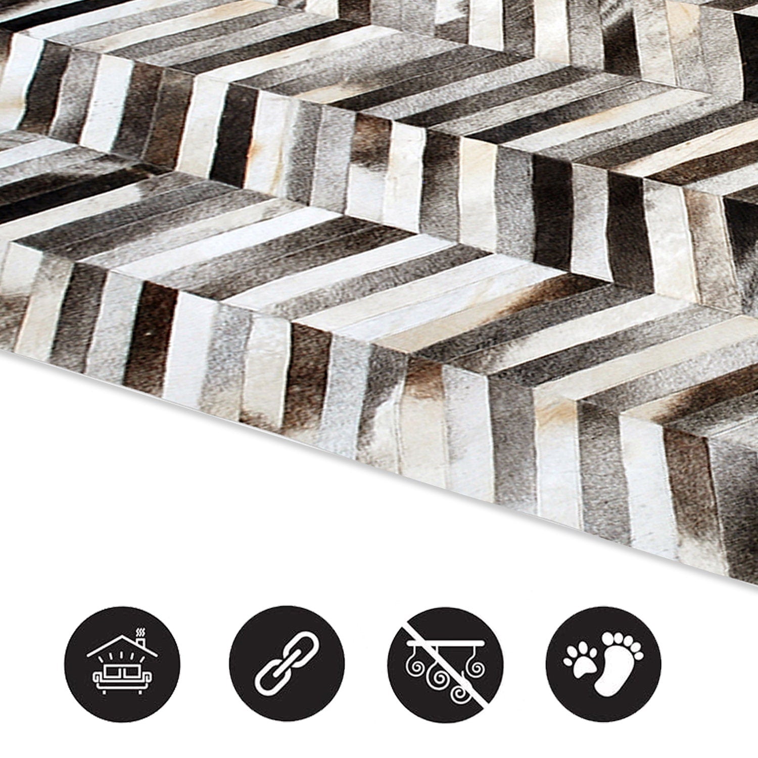 Luxurious Handmade Cowhide Patchwork Area Rug with Zig Zag Stitching - Unique & Practical Home Decor Accent