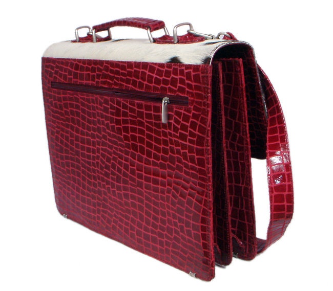 Stunning Black N White Cowhide Shoulder Bag with Red Crocodile Print Strap - Handmade Leather Bag with Celestial Leather Hide - Unique