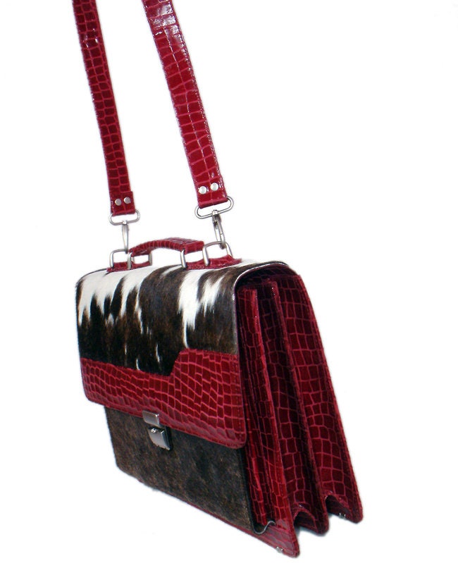 Stunning Black N White Cowhide Shoulder Bag with Red Crocodile Print Strap - Handmade Leather Bag with Celestial Leather Hide - Unique
