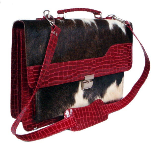 Stylish Red Crocodile Pattern Cowhide Laptop Bag with Matching Strap - Handcrafted Unique Design for Women in Multi-Colour - Button Closure