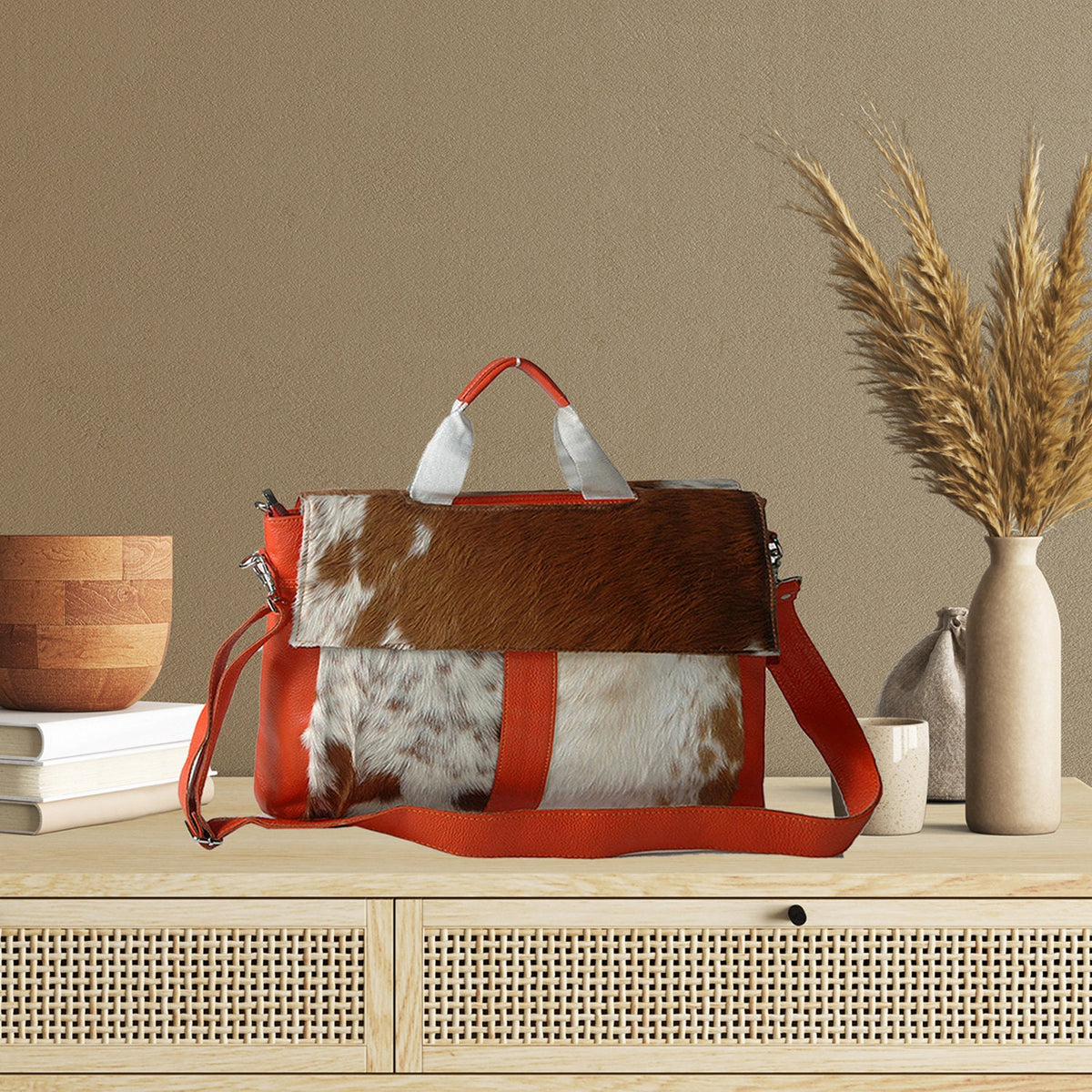 Stylish Cowhide Leather Laptop Bag with Unique Orange Straps and Premium Craftsmanship for Business and Travel