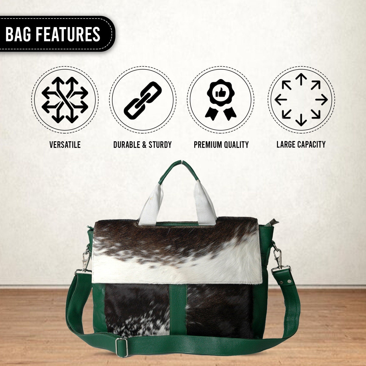 Luxury Business Briefcase with Natural Cowhide Leather Hair and Attractive Green Straps, Messenger Bag for Laptop, Unique Animal Print