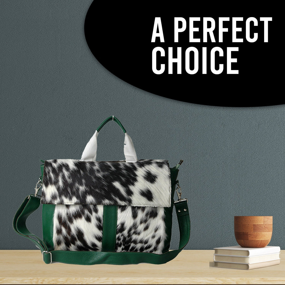 Stylish Cowhide Laptop Bag with Genuine Fur Straps Animal Print Messenger Briefcase - Eco-Friendly, Trendy Green, Unique Design