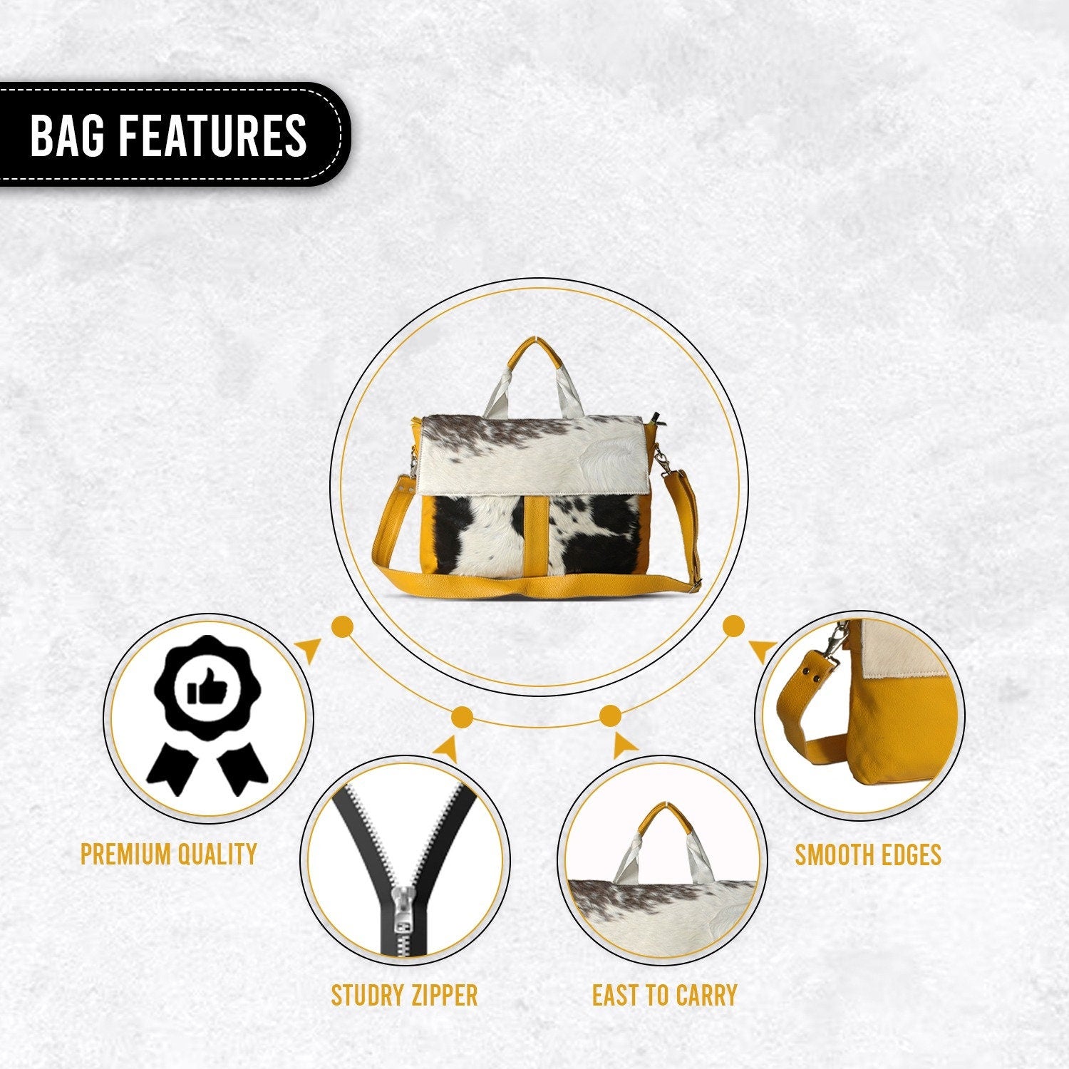 Luxury Cowhide Laptop Briefcase with Yellow Straps & Natural Fur - Stylish and Sustainable Business Bag for Unisex, Messenger Style