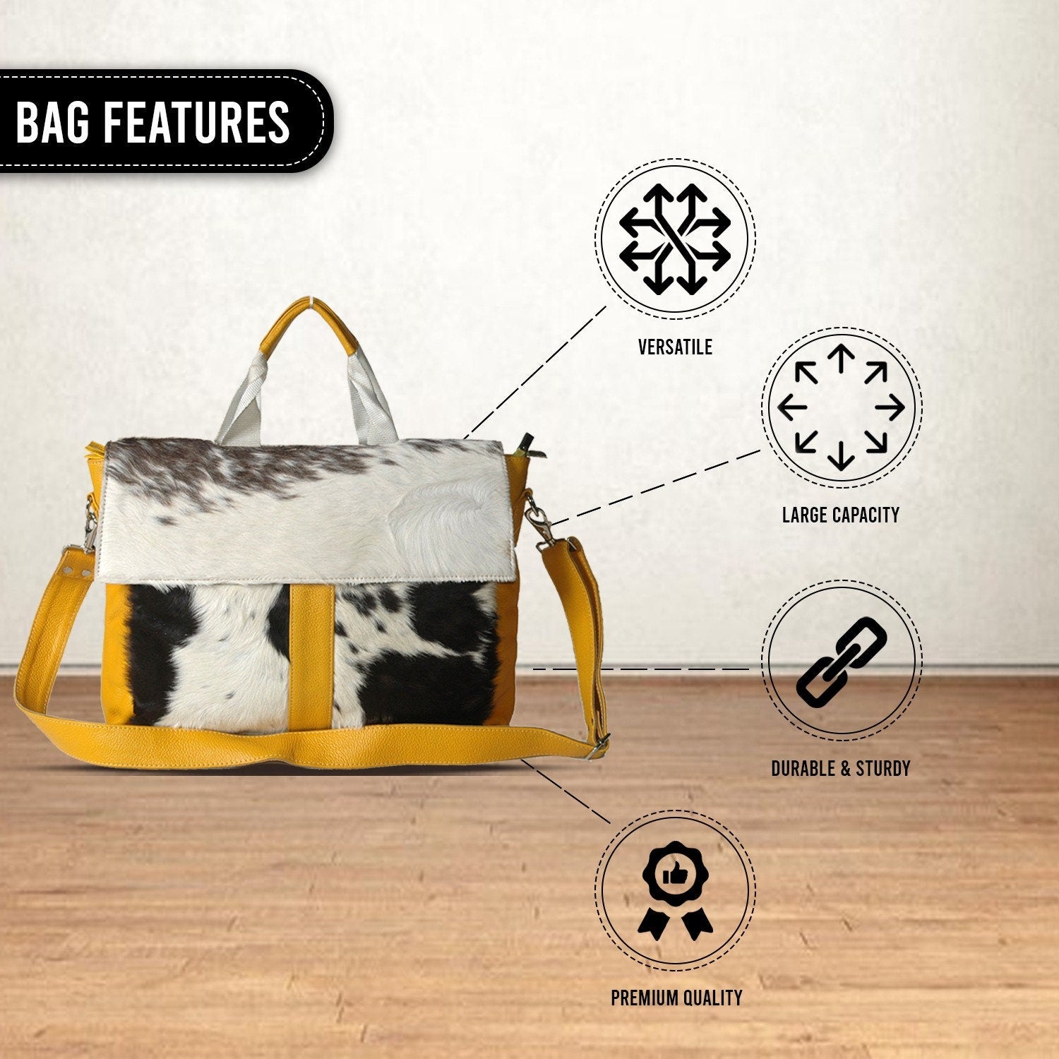 Luxury Cowhide Laptop Briefcase with Yellow Straps & Natural Fur - Stylish and Sustainable Business Bag for Unisex, Messenger Style