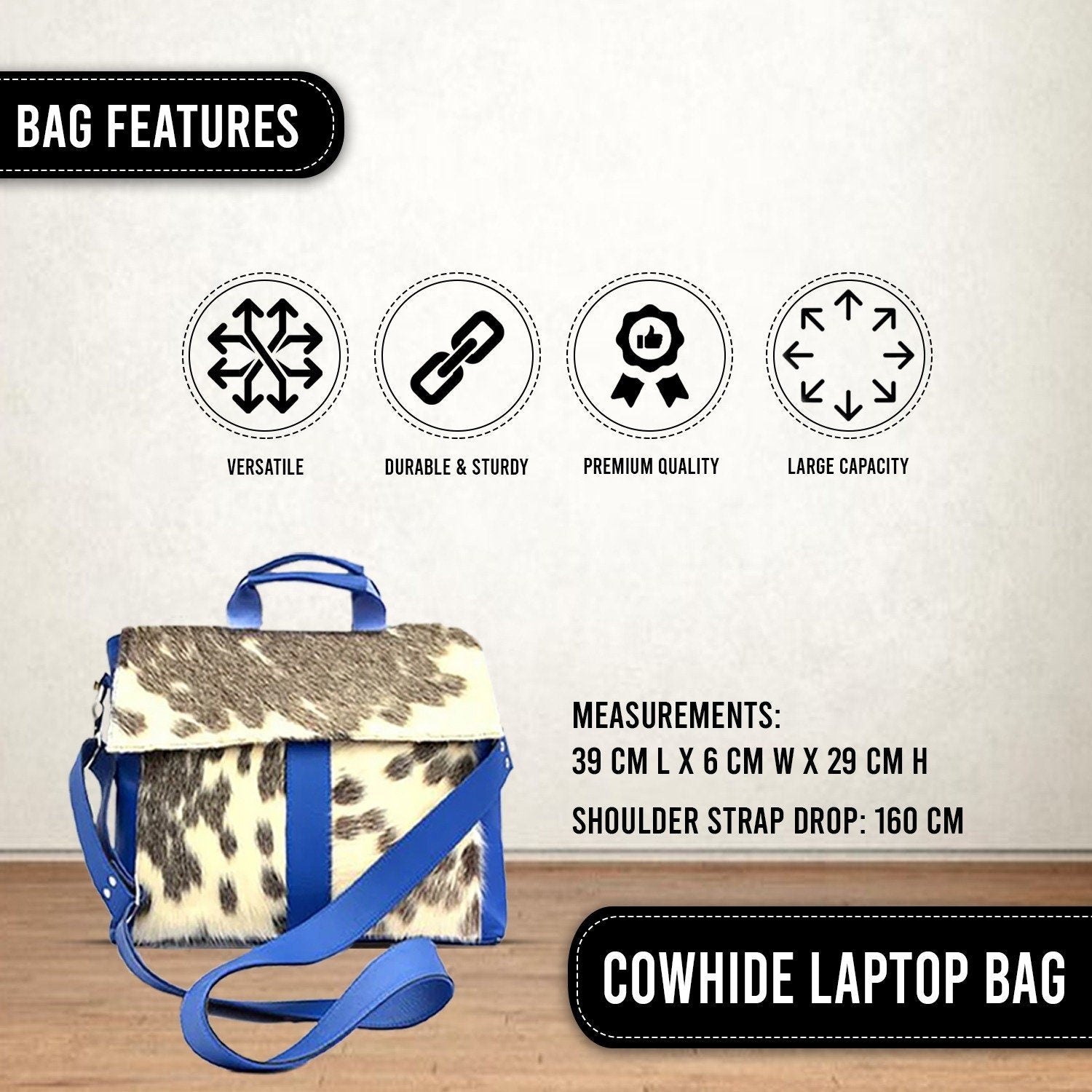 Stylish Cowhide Hair On Laptop Bag with Unisex Briefcase Business Appeal & Eco-Friendly Materials - Blue, Black - White Animal Print
