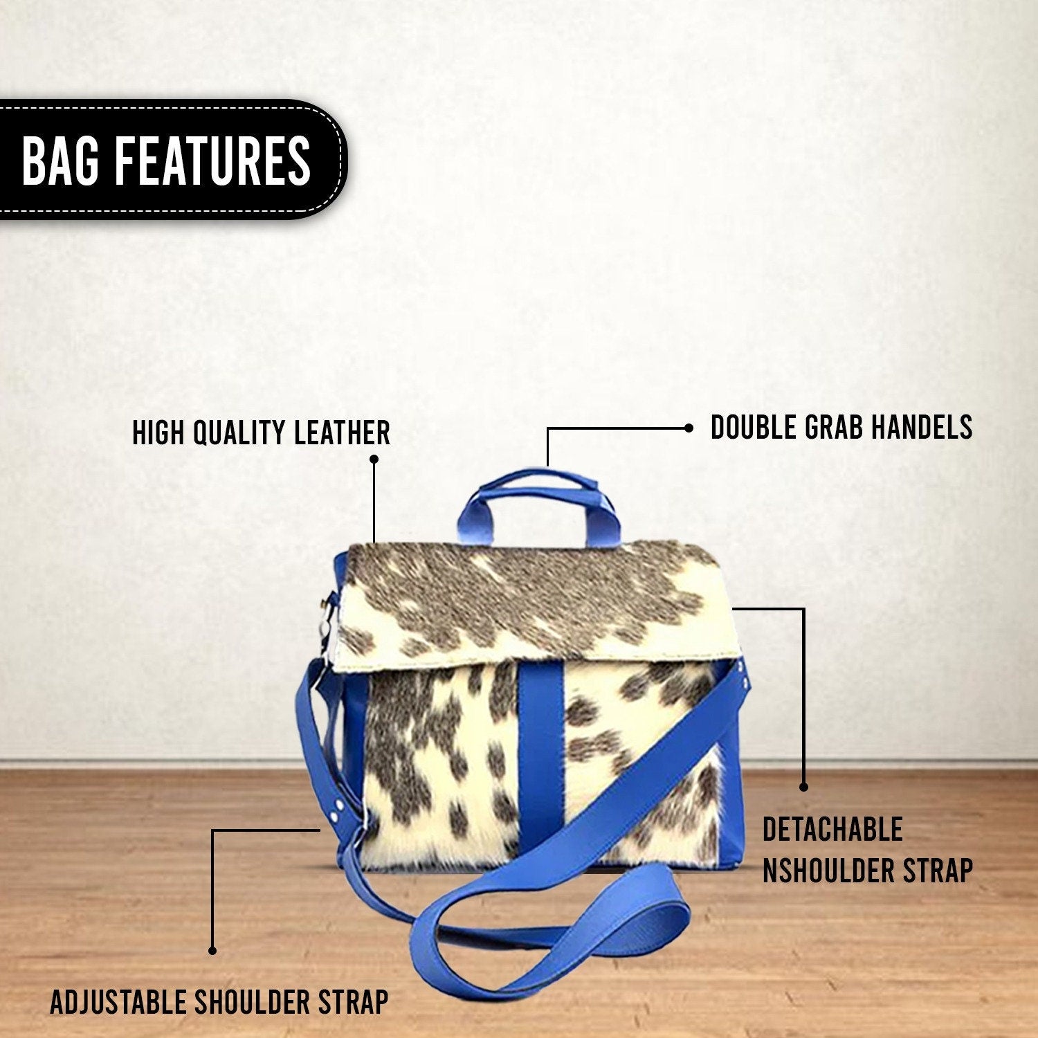 Stylish Cowhide Hair On Laptop Bag with Unisex Briefcase Business Appeal & Eco-Friendly Materials - Blue, Black - White Animal Print