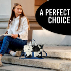 Stylish Cowhide Leather Laptop Bag with Blue Straps & Natural Hairs – Eco-Friendly - Functional Messenger Bag for Ladies