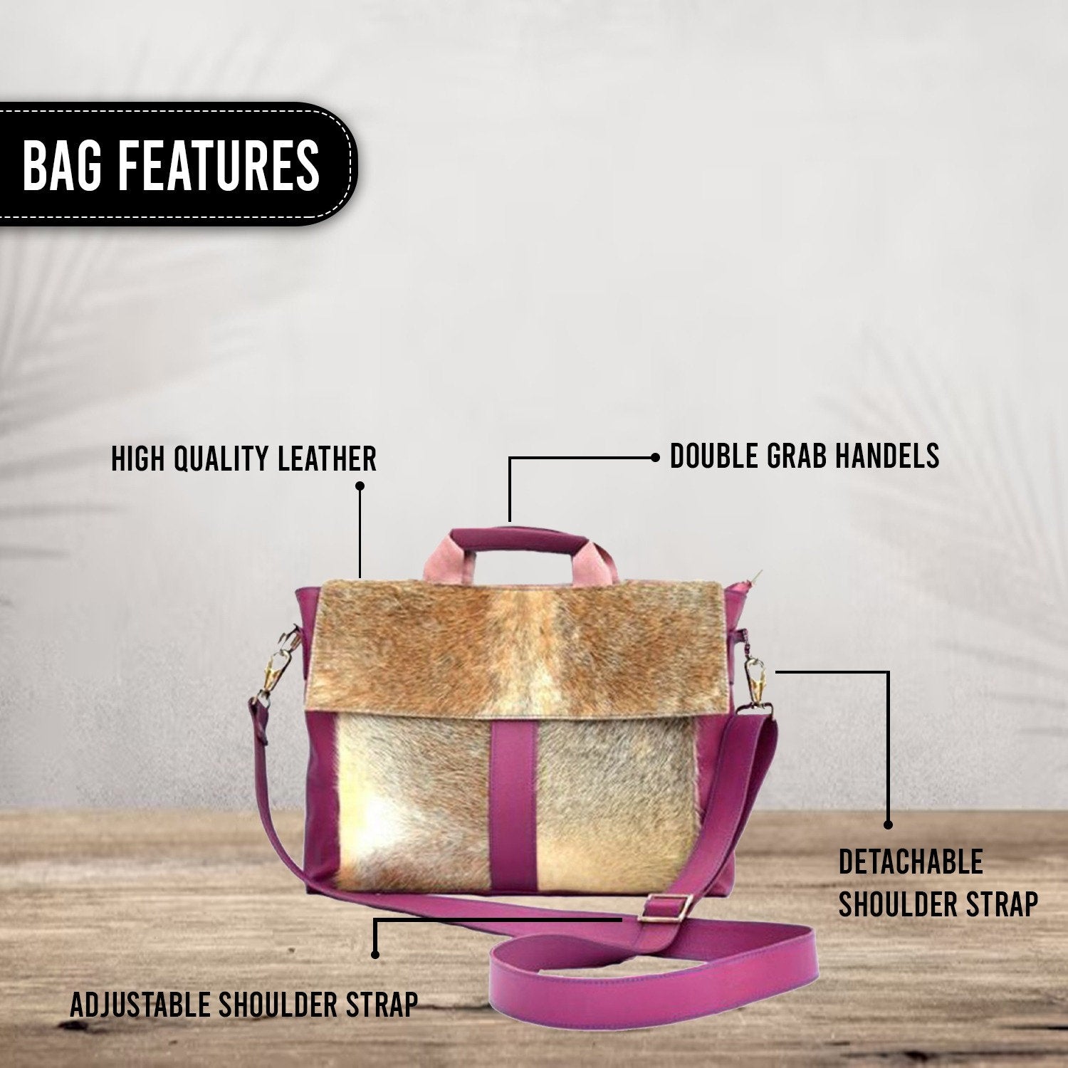 Stylish Leather Hair On Laptop Bag Messenger Unisex Briefcase Business Animal Print - Eco-Friendly Cowhide Bag with Fur - Pink, Grey & White