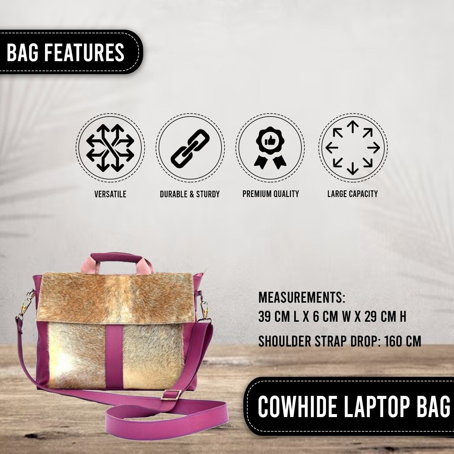 Stylish Leather Hair On Laptop Bag Messenger Unisex Briefcase Business Animal Print - Eco-Friendly Cowhide Bag with Fur - Pink, Grey & White