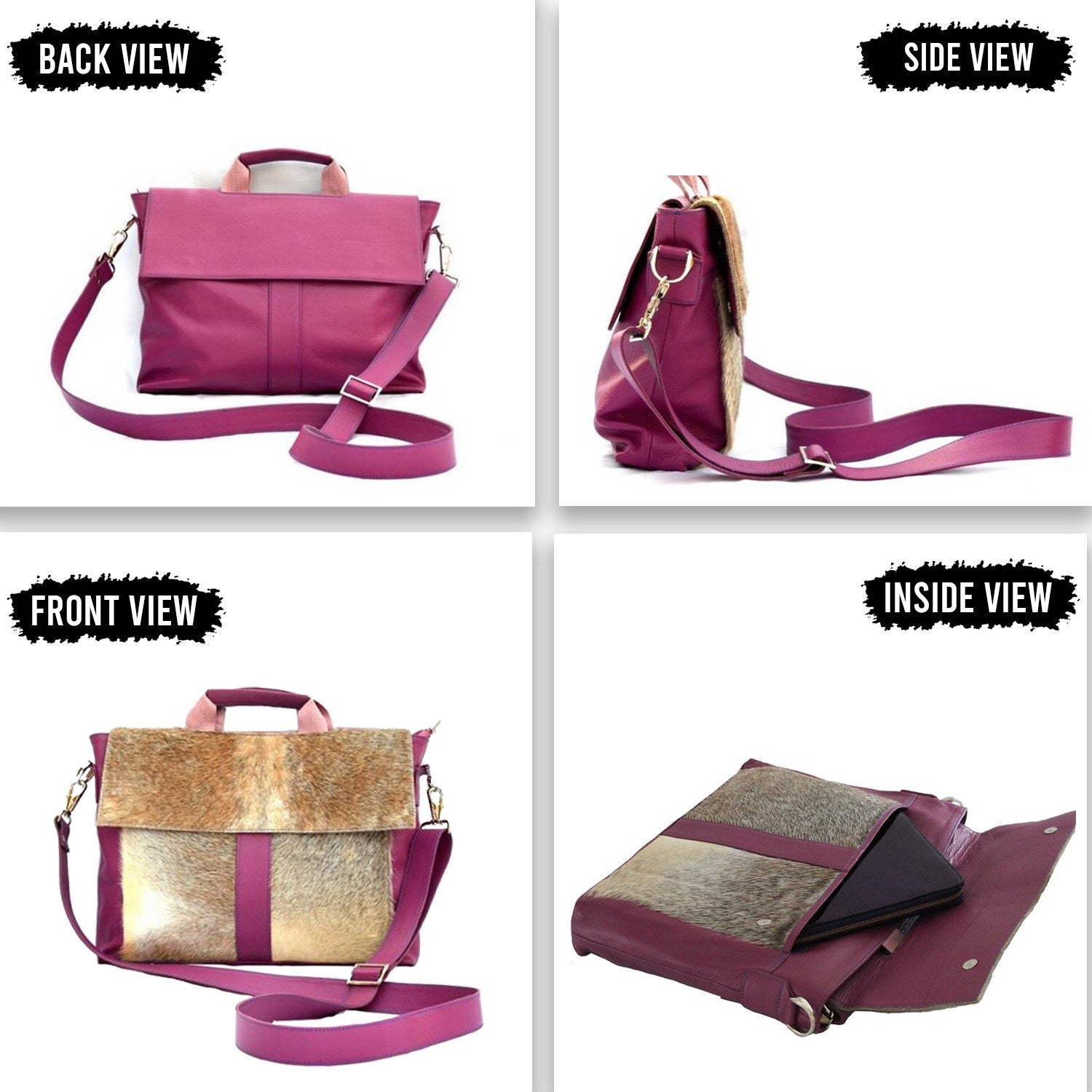 Stylish Leather Hair On Laptop Bag Messenger Unisex Briefcase Business Animal Print - Eco-Friendly Cowhide Bag with Fur - Pink, Grey & White