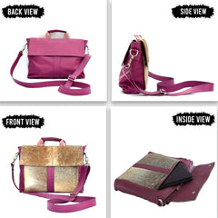 Stylish Leather Hair On Laptop Bag Messenger Unisex Briefcase Business Animal Print - Eco-Friendly Cowhide Bag with Fur - Pink, Grey & White