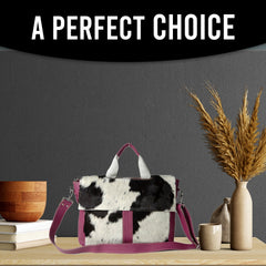 Stylish Cowhide Leather Laptop Bag with Animal Print & Natural Fur - Handcrafted Unisex Messenger Bag for Business - Travel